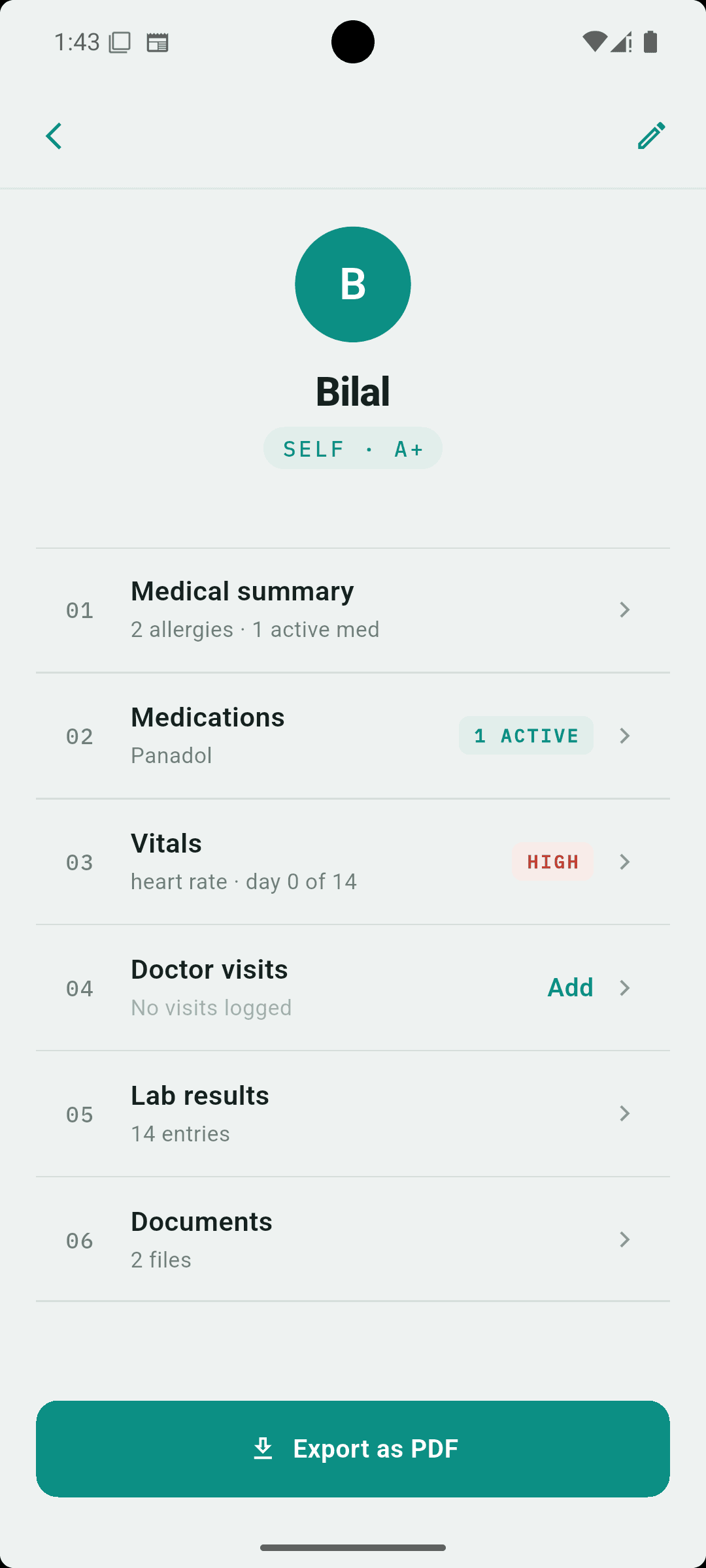 Member dashboard with medications, vitals, doctor visits, lab results and documents in the MedKeep medical records app