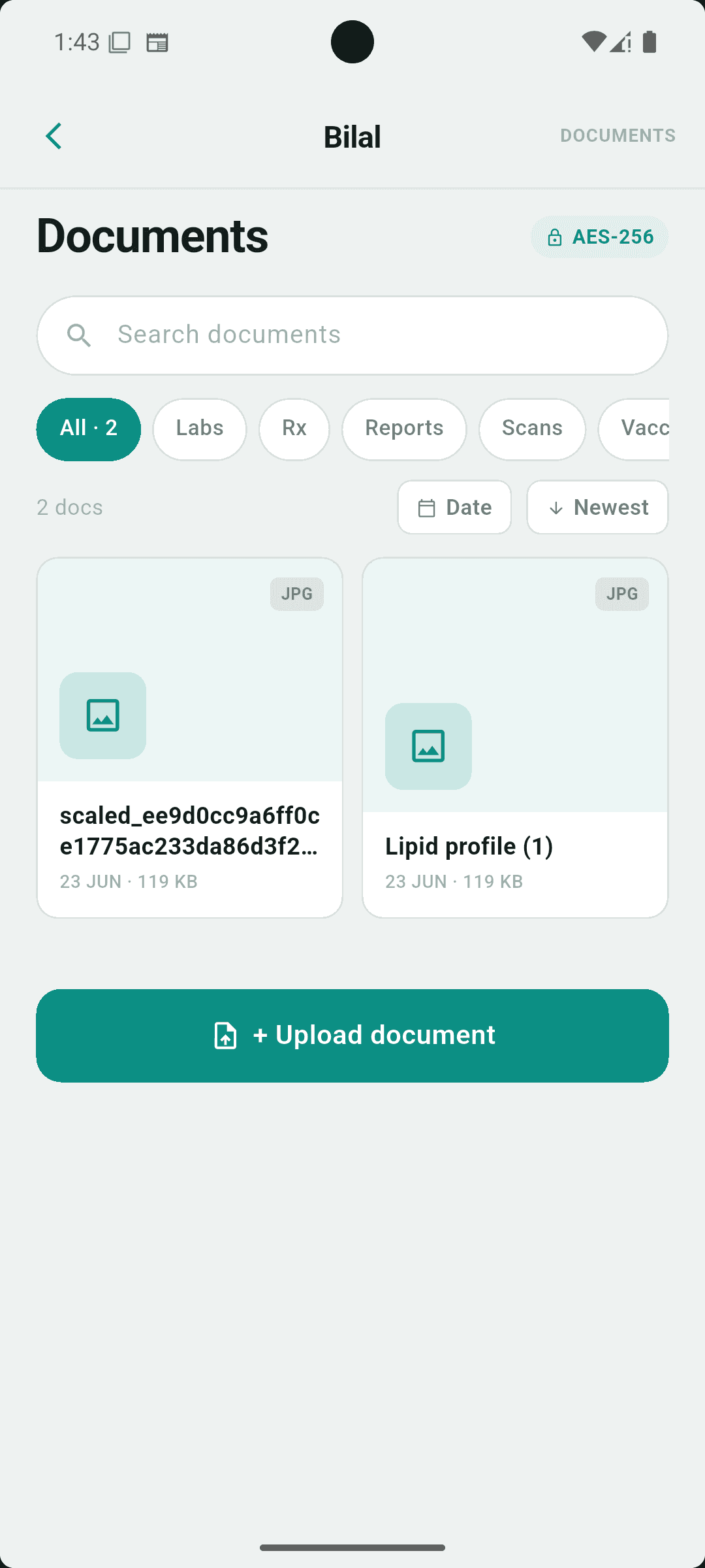 Encrypted medical document storage with AES-256, search and filters for labs, prescriptions, reports and scans