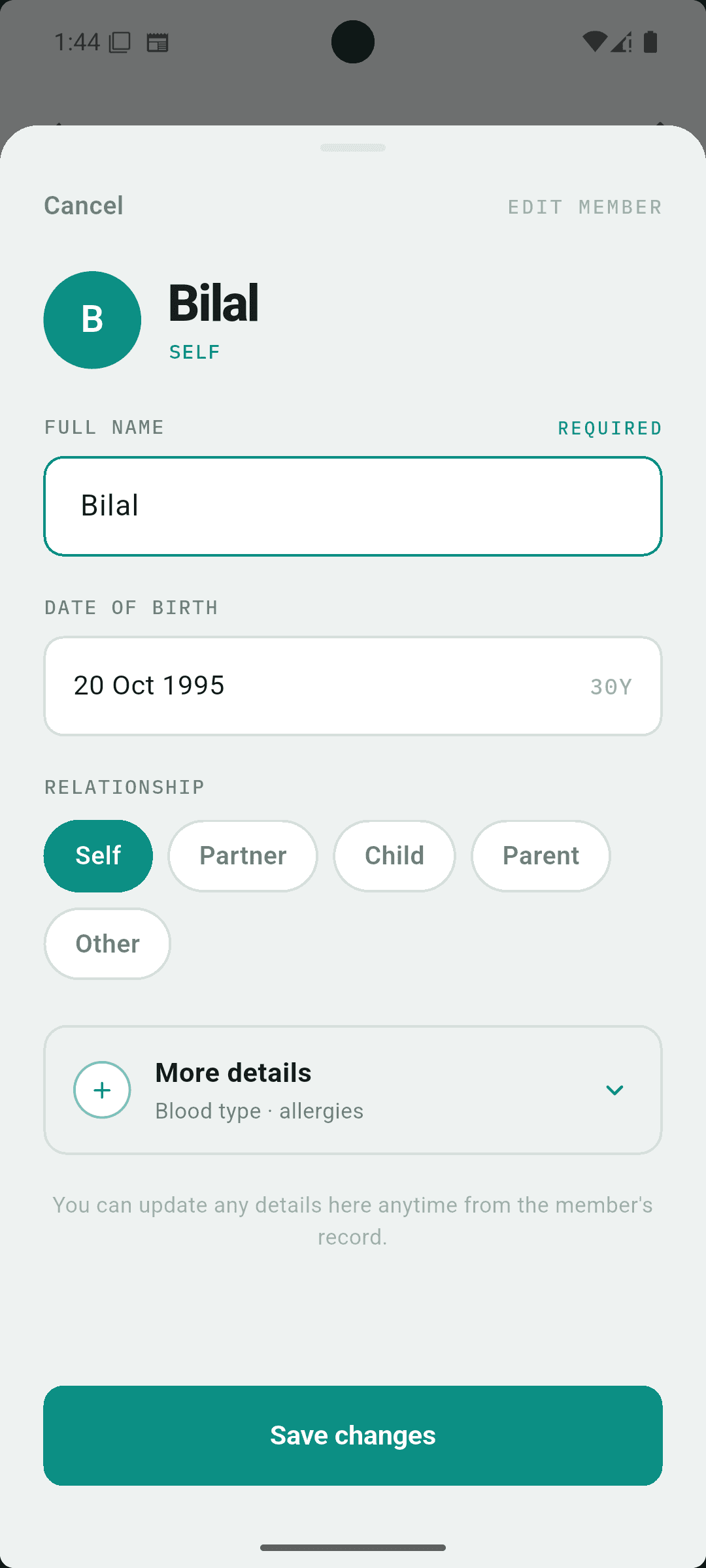 Adding a family member profile with date of birth, relationship, blood type and allergies in MedKeep
